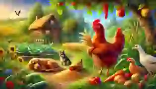 The Little Red Hen stands in her lush countryside garden, holding grains of wheat as her lazy friends—the cat, dog, and duck—rest indifferently in the background. The vibrant colors and serene setting introduce the beginning of her story.