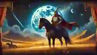 A majestic scene introduces the legend of Alpamys, showcasing the Kazakh hero alongside his loyal steed, Bai Shubar, under a starry sky in the boundless steppe—a perfect beginning to an epic tale.