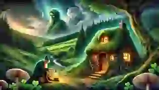 In the heart of an ancient Irish forest, under a stormy sky, a mysterious figure dressed in green works diligently on a tiny pair of shoes, surrounded by the magic and wonder of the land.