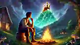 The humble Boots gazes into the fire, deep in thought, as the towering glass hill gleams behind him under a starry sky. At the top, the princess waits, seated in her golden chair, holding a golden apple.