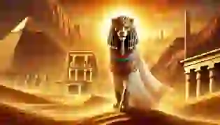 Majestic Sekhmet in the golden sands of ancient Egypt, standing as a symbol of both protection and destruction, with the distant temples and cities under her watchful gaze