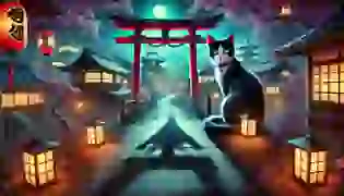 A mysterious black and white cat sits atop a torii gate, casting a watchful gaze over a mist-covered village in feudal Japan. The air is thick with magic and secrets, as the village lanterns glow beneath cherry blossoms, hinting at an ancient legend about to unfold.