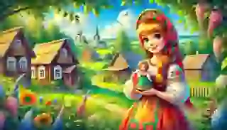 Vasilisa, holding her magical wooden doll, in a serene and happy Russian village.