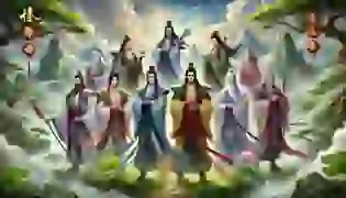 The Eight Immortals stand together on a mystical mountain, embodying wisdom, courage, and harmony. Each figure is adorned in traditional Chinese attire, holding their unique items, surrounded by lush greenery and ancient mountains, conveying their legendary status.