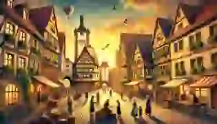 A lively depiction of Rothenburg ob der Tauber's bustling town square under a warm sunset, introducing the vibrant medieval setting of the story.