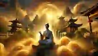 A young Chang'e meditates atop a mountain, surrounded by swirling mists and golden light, as ancient Chinese architecture glimmers in the background, setting the stage for his journey to becoming the Jade Emperor.