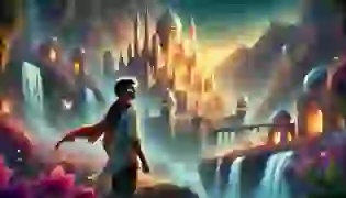 Rostam gazing in awe at the majestic Castle of the Fairies, its towers glowing with an ethereal light and surrounded by waterfalls, signaling the beginning of his magical journey.