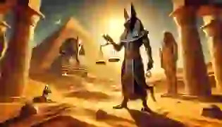 Anubis, guardian of the dead, stands in solemn reverence beneath the blazing sun, his figure framed by Egypt’s ancient pyramids and the boundless desert sands. In his hand, he holds the sacred scales of judgment, symbolizing the balance between life and the afterlife