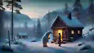 The white bear arrives at the humble cottage, offering a magical bargain in a snow-covered Norwegian village, marking the beginning of an extraordinary adventure.