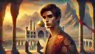 Siyâvash, the noble prince of ancient Persia, stands at the threshold of his destiny. His expression reflects both sorrow and determination, set against the majestic backdrop of the Persian palace and desert. The atmosphere is rich with anticipation, as the sun sets, casting a golden glow over the vast landscape.