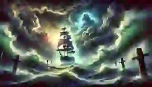  A ghostly ship, the Flying Dutchman, sails through a violent storm, defying the tempest with an eerie glow. The waves crash around it, embodying the cursed voyage that the legendary crew is doomed to endure forever.