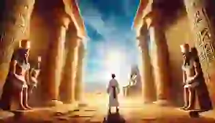 Amenu, the young priest, stands before the grand temple of Ra, set against the vibrant backdrop of ancient Egypt's desert sands and towering columns. The scene introduces the mysterious journey ahead, filled with divine power and ancient secrets.