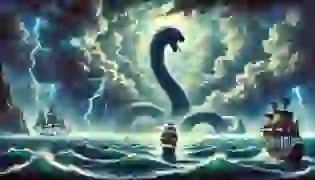 The introduction image captures the perilous journey of Captain Elara's ship battling the stormy seas, with the ominous silhouette of the legendary Sea Serpent rising from the depths, setting the tone for the epic adventure.