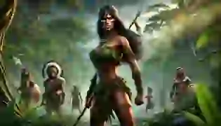 The Amazon warrior, Yara, stands poised with her spear in the heart of the vibrant rainforest, embodying strength and leadership. Around her, fellow warriors stand ready, the dense jungle their ally, as the sun pierces the sky with a dramatic glow, setting the stage for the unfolding battle.