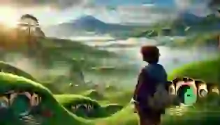 A young hobbit stands at the edge of his village, gazing toward the distant Misty Mountains, filled with a sense of adventure and the unknown. The peaceful Shire behind him contrasts with the challenges that lie ahead