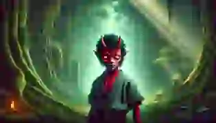 A young Oni stands in the ancient forest, his glowing eyes reflecting both sadness and determination. The soft rays of sunlight filtering through the dense canopy highlight his otherworldly presence, as he begins his journey in a land of myth and legend.