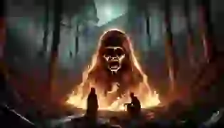 The fiery apparition of La Candileja, a tormented spirit, flickers in the dense, eerie forest of Colombia, her face twisted in pain and rage, with ghostly figures of her grandsons swirling in the flames.