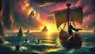 Odysseus stands resolute at the helm of his ship, facing the distant and mysterious island of the Sirens. The serene yet ominous waters reflect the setting sun, while the alluring figures of the Sirens beckon from the rocky shore, shrouded in an otherworldly glow.