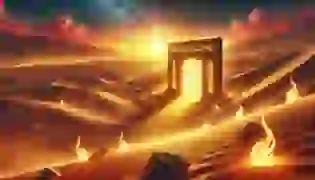 The mystical desert gate at sunset, marking the entrance to the fabled City of Jinn, shimmers with ancient inscriptions, exuding an air of beauty and peril.