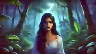 Casilda, the beautiful woman of Venezuelan folklore, stands amidst the lush, moonlit forest, her expression reflecting the sorrow and turmoil that will lead her down a dark path.