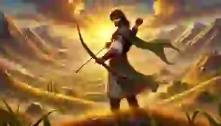 Arash the Archer stands resolute against the setting sun, ready to fulfill his destiny and save Persia. The ancient Persian landscape stretches behind him, echoing the epic journey that awaits.