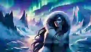 Sedna, the Inuit goddess, stands amidst the icy Arctic landscape, her raven-black hair flowing with the wind, embodying the strength and mystery of the ancient legend. The glowing northern lights and the crashing ocean waves behind her capture the beauty and harshness of her world.