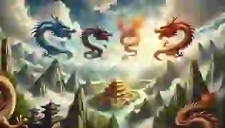  The majestic scene of ancient China introduces the legend of the Four Dragons, showing the vast landscape of golden palaces, towering mountains, and rivers flowing beneath the flight of the four elemental dragons, embodying the balance of nature.