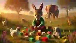 Taylor sits amidst scattered building blocks in a sunny, peaceful field, reflecting on the unexpected loss of their creation. In the distance, various animals approach, each ready to offer comfort in their own way, setting the gentle, empathetic tone of the story.