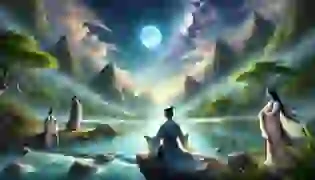 Yu Huang, a humble young man, meditates peacefully by the river, his simple yet elegant robes flowing around him, as the celestial energy of the universe begins to take notice of his wisdom and compassion.