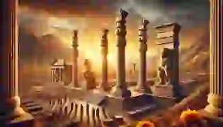 The ancient city of Persepolis, where the legendary Four Columns stand under a golden sunset, representing Power, Wisdom, Courage, and Unity, each etched with symbols of ancient Persian virtues.