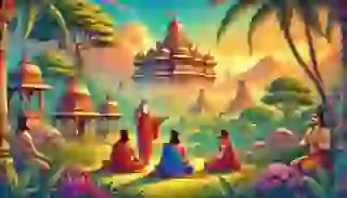 Pandit Vishnu Sharma begins to impart wisdom to the three princes in the lush landscape of ancient India.