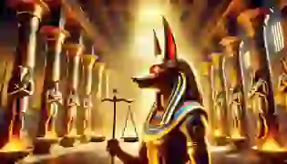 Anubis, the jackal-headed god, stands solemnly in the Hall of Two Truths, holding his golden staff as the scales of justice gleam in the golden light, ready for the sacred Weighing of the Heart ceremony. The grand pillars and divine glow set the stage for a tale of truth and eternal judgment.