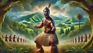 A powerful introduction to "The Tale of the Haka" depicting a Māori warrior performing the traditional haka, set against the breathtaking New Zealand landscape, highlighting the cultural pride and ancestral connection of the Māori people.