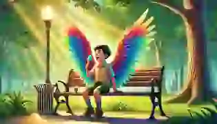 Norman discovers his wings for the first time, sitting on a park bench with an ice cream cone in hand, gazing in awe as vibrant, colorful wings emerge from his back.