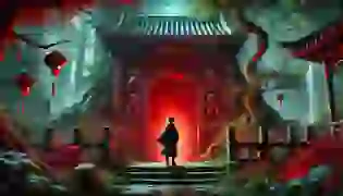 A young scholar stands in awe before the entrance of the mystical Red Chamber, bathed in an ethereal red glow amidst an ancient forest. Intricate carvings of dragons and phoenixes decorate the stone gate, symbolizing the deep mysteries and ancient wisdom hidden within.