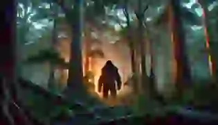 A mysterious twilight scene in the Australian wilderness where the legendary Yowie, partially hidden, watches over the ancient land, its glowing eyes piercing the shadows of the dense forest.