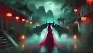 The Ghost Bride stands on the old stone bridge under the moonlit sky, her crimson wedding dress glowing against the misty landscape of Qinghe village.