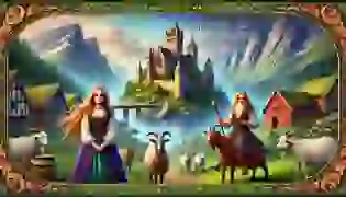 Tatterhood and her fair sister stand before their kingdom's castle, surrounded by misty fjords and mountains. Tatterhood rides her goat confidently, holding her wooden spoon, while her sister stands elegantly in medieval attire, hinting at the adventurous and contrasting journey ahead.