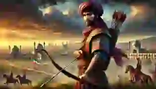 Mehrdad, the skilled archer, stands determined on the battlefield near Isfahan, prepared to protect his homeland from impending danger, as dark clouds gather, setting the tone for the epic tale of "The Poisonous Arrow.