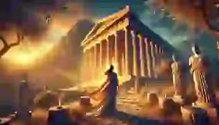 Myrine stands before the grand temple of Apollo in Delphi, her destiny as the Pythia beginning to unfold. The setting sun casts a golden glow over the ancient columns, filling the scene with a mystical ambiance as the god’s presence looms over her.