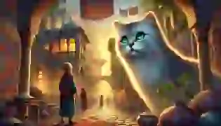 A young boy in the ancient Persian village of Shahrazad encounters the mystical Persian cat Mitra, a creature of legend with piercing green eyes and an enchanting presence, marking the beginning of a tale filled with wonder and wisdom.