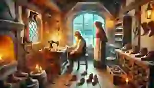 An elderly shoemaker and his supportive wife in their cozy workshop, surrounded by tools and leather, as snow gently falls outside, capturing the warm, inviting atmosphere of their modest medieval home