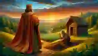 The king, dressed in royal robes, stands at the edge of a forest, observing the hermit digging the earth by his humble hut. The scene captures the beginning of his journey to seek wisdom in Leo Tolstoy’s "Three Questions," set against the backdrop of a peaceful sunset and rolling hills.