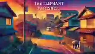 A mysterious suburban Japanese town at sunset, with the empty elephant enclosure casting long shadows, setting the tone for the surreal disappearance.