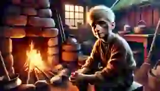 The Ash Lad, a humble boy with ash-smudged face and tattered clothes, sits thoughtfully by the hearth of his quaint Norwegian cottage, illuminated by the warm glow of the fire, embodying the beginning of an extraordinary journey.