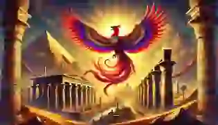 The majestic Phoenix soars above the ancient city of Heliopolis, its vibrant feathers glowing in the dawn light, symbolizing the beginning of its legendary cycle of death and rebirth.