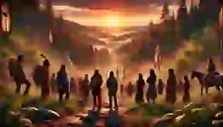 A somber beginning to the Cherokee's journey on the Trail of Tears, where sorrow and determination intertwine against the backdrop of a setting sun.