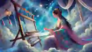 Zhinu, the Weaving Maiden, sits at her celestial loom, weaving stars and light into the heavens, her gaze distant and filled with longing for a life beyond the skies.