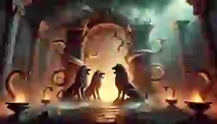 Cerberus, the legendary three-headed guardian of the Underworld, stands imposingly at the gates of Hades, surrounded by swirling mists and glowing embers, symbolizing the balance between life and death.