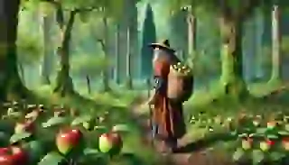 Johnny Appleseed beginning his journey through the American frontier, planting apple seeds wherever he went.